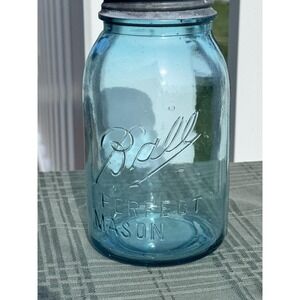 Antique Ball Perfect Mason Aqua Glass Quart Jar Zinc Porcelain Lid 1913-1914 104